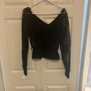 Black Lace Long-Sleeve Wrap Top